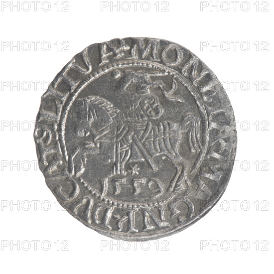 Lithuanian half-grosz, Sigismund II Augustus (King of Poland; 1544–1572). Obverse: Polish Eagle; in the rim between pearly borders the inscription '.SIGIS.AVG.REX.PO.MAG.DVX.L'. Reverse: Lithuanian Pogon; below the year '1559', in the rim between pearly borders the inscription '.MONETA.MAGNI.DVCAT9.LITVA'. 1559. Grand Duchy of Lithuania (Vilnius). Coin (half-grosz), diameter 19.0–19.5 mm, weight 1.17 g. Coats of arms: Jagiellon dynasty; motifs: eagles, Pogon.