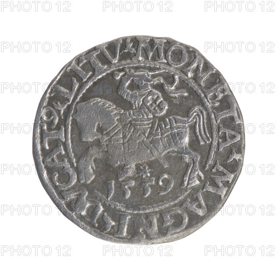 Lithuanian half-grosz, Sigismund II Augustus (King of Poland; 1544–1572). Obverse: Polish Eagle; in the rim between pearly borders the inscription: .SIGIS.AVG.REX.PO.MAG.DVX.L. Reverse: Lithuanian Pogon; below the year 1559; in the rim between pearly borders the inscription: .MONETA.MAGNI.DVCAT9.LITV. 1559. Jagiellon dynasty; Grand Duchy of Lithuania (Vilnius). Coin, silver, diameter 19.5–19.6 mm, weight 1.29 g.