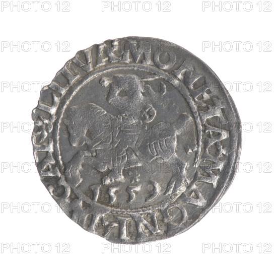 Lithuanian half-grosz, Sigismund II Augustus (King of Poland, 1544–1572); coats of arms of the Jagiellon dynasty; Polish Eagle (obverse) with inscription in rim between pearly borders: .SIGIS.AVG., .MAG.DVX.L; reverse: Lithuanian Pogon with date 1559 below, rim inscription between pearly borders: .MONETA.MAGNI.; CAT9.LITVA, 1559. Grand Duchy of Lithuania, Vilnius. Coin; diameter approx. 19.5–19.8 mm; weight 1.1 g.