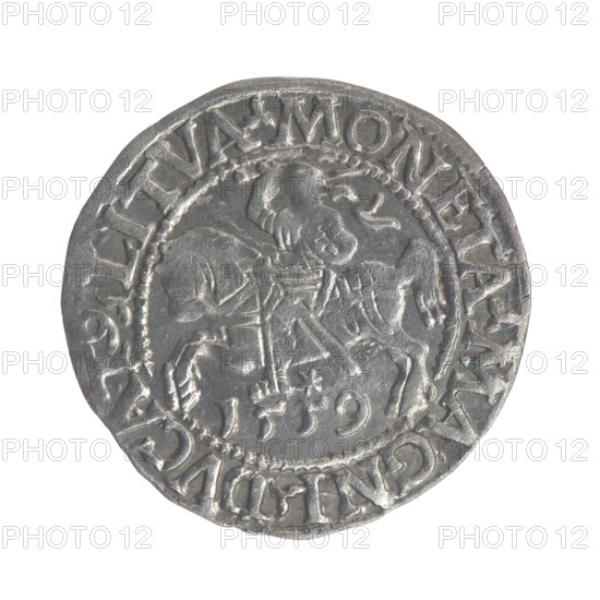 Lithuanian half-grosz, Sigismund II Augustus (King of Poland; 1544–1572). Obverse: Polish Eagle; in the rim between pearly borders the inscription: .SIGIS.AVG.REX.PO.MAG.DVX.L. Reverse: Lithuanian Pogon; below the year 1559; in the rim between pearly borders the inscription: .MONETA.MAGNI.DVCAT9.LITVA. 1559. Coats of arms: Jagiellons (dynasty), eagles, Pogon. Grand Duchy of Lithuania; coin; dia. 19.6–20.0 mm; weight 0.91 g.