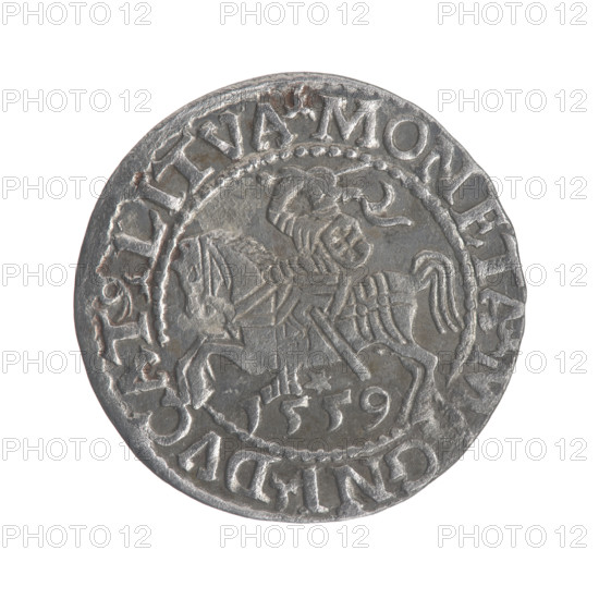 Lithuanian half-grosz, Sigismund II Augustus (King of Poland; 1544–1572). Obverse: Polish Eagle; in the rim between pearly borders the inscription '.SIGIS.AVG.REX.PO.MAG.DVX.L'. Reverse: Lithuanian Pogon; below the year '1559', in the rim between pearly borders the inscription '.MONETA.MAGNI.DVCAT9.LITVA'. 1559. Grand Duchy of Lithuania, Vilnius. Coin; diameter 19.1–19.6 mm; weight 1.11 g.