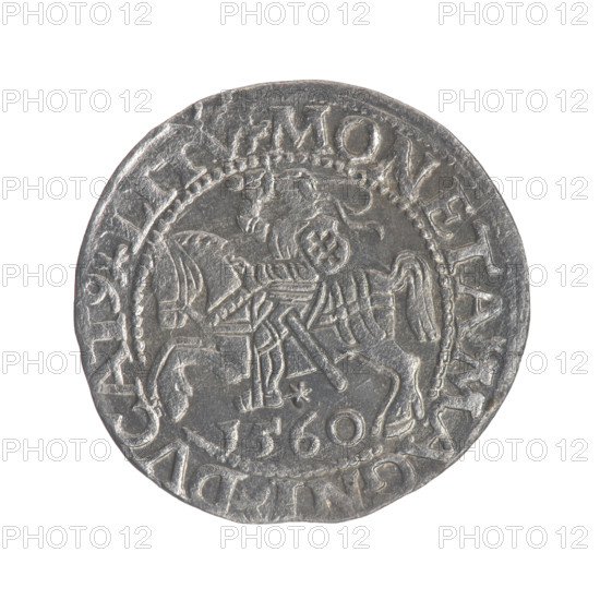 Lithuanian half-grosz, Sigismund II Augustus (King of Poland; 1544–1572). Obverse: Polish Eagle; in the rim between pearly borders the inscription 'SIGI.AVG.REX.P.AG.DVX.L'. Reverse: Lithuanian Pogon; below the year '1560', in the rim between pearly borders the inscription 'MONETA.MAGNI.DVCAT9.LITV'. 1560. Grand Duchy of Lithuania (Vilnius). Coin; diameter 19.3–19.8 mm; weight 1.2 g.