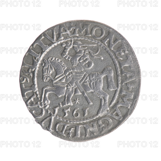 Lithuanian half-grosz, Sigismund II Augustus (King of Poland; 1544–1572). Obverse: Polish eagle; in the rim between pearly borders the inscription '.SIGIS.AVG.REX.PO.MAG.DVX.L'. Reverse: Lithuanian Pogon; below the year '1561'; in the rim between pearly borders the inscription '.MONETA.MAGNI.DVCAT9.LITVA'. Dated 1561. Grand Duchy of Lithuania (Vilnius). Coin (half-grosz), diameter 19.5–19.7 mm, weight 0.92 g. Coats of arms: Jagiellons; motifs: eagles, Pogon.