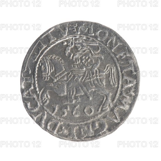 Lithuanian half-grosz, Sigismund II Augustus (King of Poland; 1544–1572). Obverse: Polish Eagle; in the rim between pearly borders the inscription '.SIGIS.AVG.REX.PO.MAG.DV'. Reverse: Lithuanian Pogon (coat of arms), below the year 1560; in the rim between pearly borders the inscription '.MONETA.MAGNI.DVCAT,TV'. 1560. Grand Duchy of Lithuania, Vilnius. Coin. Diameter 19.0–19.5 mm. Weight 1.2 g.