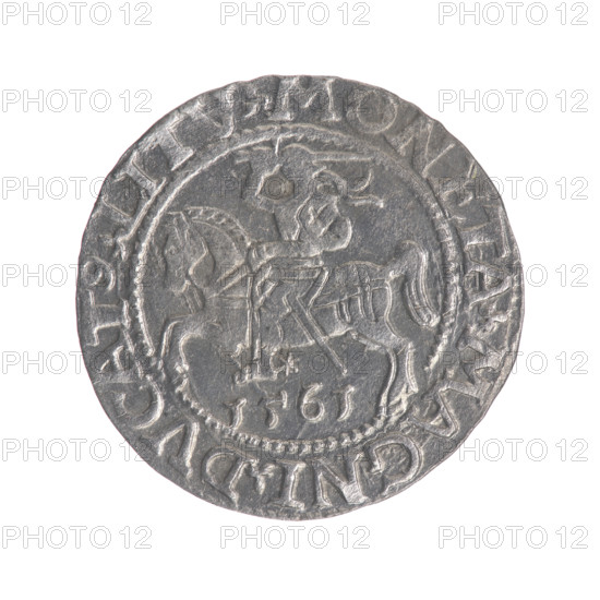 Lithuanian half-grosz, Sigismund II Augustus (King of Poland; 1544–1572). Obverse: Polish Eagle; in the rim between pearly borders the inscription '.SIGIS.AVG.REX.PO.MAG.DVX.L'. Reverse: Lithuanian Pogon; below the year '1561', in the rim between pearly borders the inscription '.MONETA.MAGNI.DVCAT9.LITV'. 1561. Grand Duchy of Lithuania, Vilnius. Coin (half-grosz), diameter ca. 19.2–19.5 mm, weight 1.24 g.