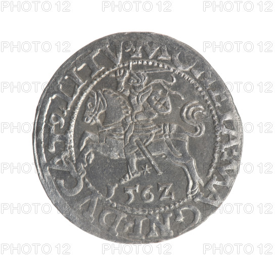 Lithuanian half-grosz, Sigismund II Augustus (King of Poland; 1544–1572); obverse: Polish Eagle with rim inscription .SIGIS.AVG., O.MAG.DVX.L; reverse: Lithuanian Pogon (coat of arms) with rim inscription .MON, A.MAGNI.DVCAT9.LITV and below the year 1562 (noting a variant 156Z); Jagiellon dynasty; Grand Duchy of Lithuania, Vilnius; Polish coin; eagles; metal coin, diameter c. 19.6–20.0 mm; weight 1.18 g.