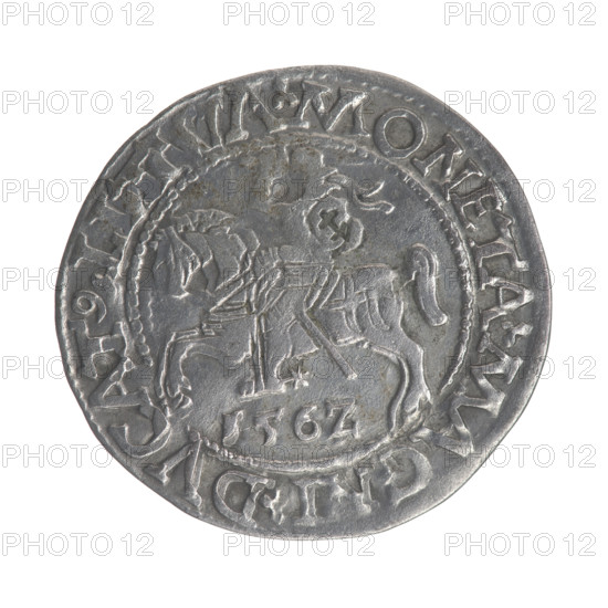 Lithuanian half-grosz, Sigismund II Augustus (King of Poland; 1544–1572). Obverse: Polish eagle; rim inscription between pearly borders: SIGI.VG.REX.P. AG.DVX.L. Reverse: Lithuanian Pogon; below year 156?; rim inscription between pearly borders: MONETA.MAGNI.DVCAT9.LITVA. Dated 1562. Grand Duchy of Lithuania, Vilnius. Coin (Poland); diameter ~20–21 mm; weight 1.13 g.