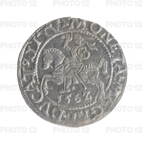 Lithuanian half-grosz, Sigismund II Augustus (King of Poland; 1544–1572). Obverse: Polish eagle; in the rim between pearly borders the inscription: .SIGIS.AVG.REX.PO.MAG.DV. Reverse: Lithuanian Pogon; below year 156Z; in the rim between pearly borders the inscription: .MONETA.MAGNI.DVCAT9.LITV. 1562. Grand Duchy of Lithuania (Vilnius). Coin; diameter ~19.4–19.8 mm; weight 1.2 g. Coats of arms: Jagiellons; motifs: eagles, Pogon.