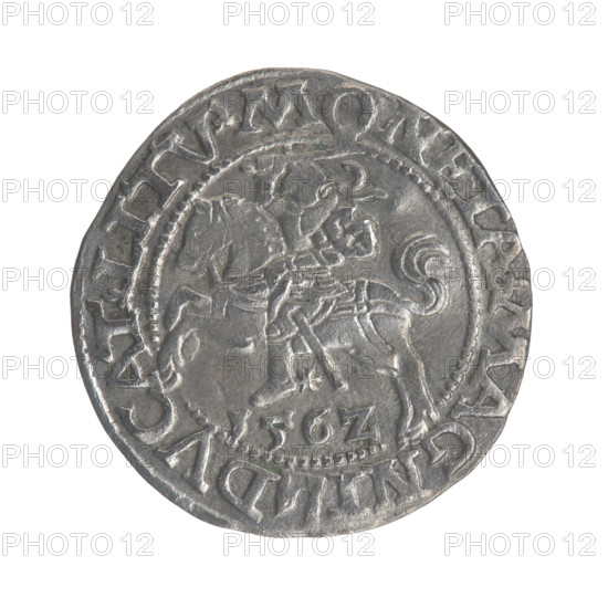 Lithuanian half-grosz, Sigismund II Augustus (King of Poland; 1544–1572). Obverse: Polish Eagle; in the rim between pearl-shaped borders an inscription: .SIGIS.A .REX.PO.MAG.DVX.L. Reverse: Lithuanian Pogon; below year 156?, in the rim between pearl-shaped borders an inscription divided by the Axe coat of arms: .MONETA.MAGNI - DVCAT.LITV. Maker: Gabriel Tarlo (ca. 1486–1565). Coats of arms: Jagiellons, eagles, Eagle (coat of arms), Pogon (coat of arms; Lithuania). Date: 1562. Place: Grand Duchy of Lithuania, Vilnius, Poland. Medium/function: coin. Diameter: 19.7–20.2 mm. Weight: 1.2 g.
