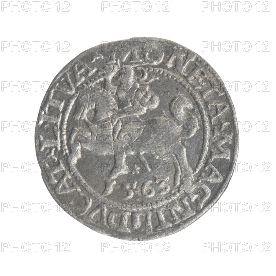 Lithuanian half-grosz, Sigismund II Augustus (King of Poland; 1544–1572). Obverse: Polish eagle; in the rim between pearl-shaped borders an inscription: .SIGIS.AVG.DGREX.POLO.MDLI. Reverse: Lithuanian Pogon, below the year 1563; in the rim between pearl-shaped borders an inscription divided by the Axe coat of arms: .MONETA.MAGNI - DVCAT.LITVA. 1563. Maker/issuer: Tarlo, Gabriel (ca. 1486–1565). Emblems: eagles, Pogon; Jagiellons (dynasty). Grand Duchy of Lithuania, Vilnius, Poland. Coin; diameter 19.0–19.2 mm; weight 1.17 g.