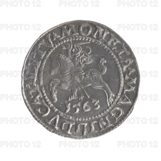 Lithuanian half-grosz, Sigismund II Augustus (King of Poland; 1544–1572). Obverse: Polish Eagle; in the rim between pearly borders an inscription: .SIGIS.AVG.REX.PO.MAG.DVX.L. Reverse: Lithuanian Pursuer, below the year 1563; in the rim between pearly borders an inscription divided by the Axe coat of arms: .MONETA.MAGNI - DVCAT., TV. Dated 1563. Grand Duchy of Lithuania (Vilnius), Poland. Coin; diameter 19.0–19.2 mm; weight 1.15 g. Features coats of arms (Jagiellons, eagles, Pursuer). Maker: Tarlo, Gabriel (ca. 1486–1565).