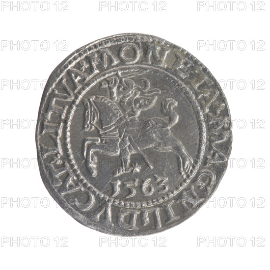 Lithuanian half-grosz, Sigismund II Augustus (King of Poland; 1544–1572). Obverse: Polish Eagle; in the rim between pearl-shaped borders an inscription: .SIGIS.AVG.REX.PO.MAG.DVX.LI. Reverse: Lithuanian Pogon; below the year 1563; in the rim between pearl-shaped borders an inscription divided by the Axe coat of arms: .MONETA.MAGNI - DVCAT.LITVA. 1563. Maker: Gabriel Tarlo (ca. 1486–1565). Emblems: Jagiellons dynasty, eagle, Pogon. Function: coin; material: (?); Grand Duchy of Lithuania (Vilnius, Poland). Diameter: 18.8–19.5 mm. Weight: 1.19 g.