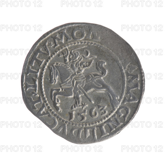 Lithuanian half-grosz, Sigismund II Augustus (King of Poland; 1544–1572). Obverse: Polish eagle; rim inscription between pearl borders: .SIGIS.AVG.RE, MAG.DVX.LI. Reverse: Lithuanian Pursuit (Pogon) with the year 1563 below; rim inscription divided by the Topór coat of arms: .MO, MAGNI - DVCAT.LITV. Coats of arms: Jagiellons dynasty, eagles, Topór; maker: Tarlo, Gabriel (ca. 1486–1565). Material: coin; date: 1563; Grand Duchy of Lithuania (Vilnius), Poland.