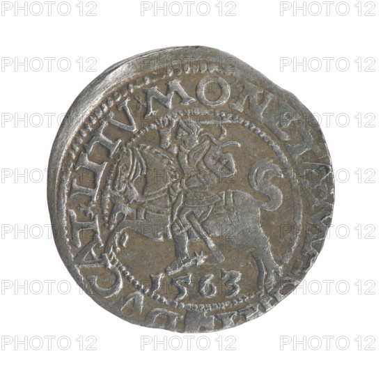 Lithuanian half-grosz, Sigismund II Augustus (King of Poland; 1544–1572). Obverse: Polish Eagle, in the rim between pearly borders an inscription: .SIGIS.AVG.REX., .MAG.DVX.L Reverse: Lithuanian Pogon, below the year 1563, in the rim between pearly borders an inscription divided by the Topór coat of arms: .MONETA. CAT.LITV. Dated 1563. Grand Duchy of Lithuania, Vilnius. Coin (Poland/Lithuania), diameter 19.0–19.5 mm, weight 1.15 g. Coats of arms: Jagiellons, eagles, Pogon; maker/attribution: Gabriel Tarlo (ca. 1486–1565).