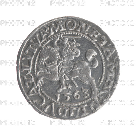 Lithuanian half-grosz, Sigismund II Augustus (King of Poland; 1544–1572); maker: Gabriel Tarlo (ca. 1486–1565); emblems of the Jagiellons dynasty. Obverse: Polish Eagle; in the rim between pearl-shaped borders an inscription: .SIGIS.AVG.DGREX.POLO.MDLI. Reverse: Lithuanian Pogon, below the year 1563; in the rim between pearl-shaped borders an inscription divided by the Axe coat of arms: .MONETA.MAGNI - DVCAT.LITVA. Date: 1563. Grand Duchy of Lithuania (Vilnius). Coin; diameter 19.5–20.0 mm; weight 1.19 g.