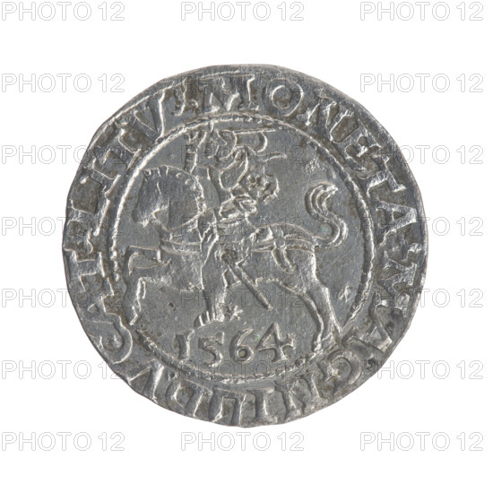 Lithuanian half-grosz, Sigismund II Augustus (King of Poland; 1544–1572). Obverse: Polish Eagle; in rim between pearly borders inscription: .SIGIS.AVG.DGREX.POLO.MDL. Reverse: Lithuanian Pursuer, below the year 1564; in rim between pearly borders inscription divided by the Axe coat of arms: .MONETA.MAGNI - DVCAT.LITV. 1564. Coats of arms: Jagiellons, eagles, Eagle (coat of arms), Pursuer (coat of arms; Lithuania). Maker: Gabriel Tarlo (ca. 1486–1565). Grand Duchy of Lithuania, Vilnius, Poland. Coin; diameter 19.0–19.2 mm; weight 1.22 g.