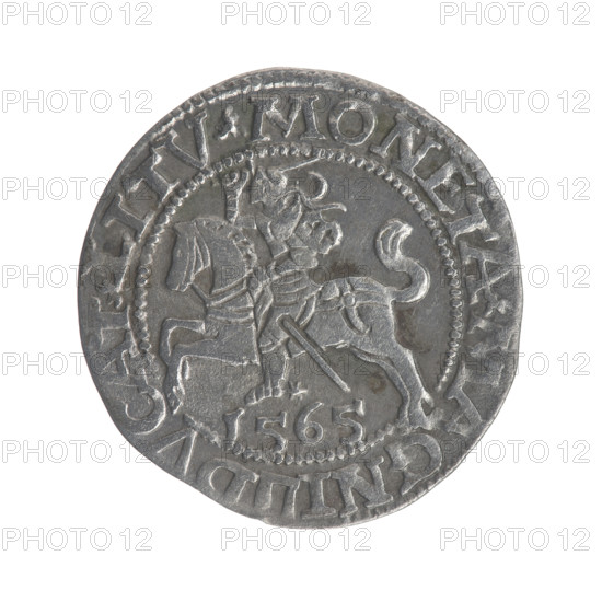 Lithuanian half-grosz, Sigismund II Augustus (King of Poland; 1544–1572). Obverse: Polish eagle; rim inscription between pearl borders: .SIGIS.AVG.DGREX.POLO.MDL. Reverse: Lithuanian Pursuer; below the year 1564; rim inscription between pearl borders divided by the Axe coat of arms: .MONETA.MAGNI - DVCAT.LITV. Date: 1565. Maker/issuer: Grand Duchy of Lithuania, Vilnius, Poland. Designer/issuer name: Tarlo, Gabriel (ca. 1486–1565). Heraldry: Jagiellon dynasty coats of arms, eagles, Eagle (coat of arms), Pursuer (coat of arms; Lithuania). Object: coin (Polish coin). Diameter: 19.0–20.0 mm. Weight: 1.05 g.