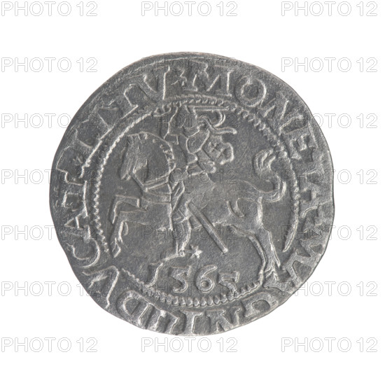 Lithuanian half-grosz, Sigismund II Augustus (King of Poland; 1544–1572). Obverse: Polish eagle; in the rim between pearl-shaped borders an inscription: .SIGIS.AVG.DGREX.POLO.MDL. Reverse: Lithuanian Pogon; below the year 1565; in the rim between pearl-shaped borders an inscription divided by the Axe coat of arms: .MONETA.MA, I - DVCAT., V, 1565. Maker: Tarlo, Gabriel (ca. 1486–1565). Emblems: Jagiellons (dynasty), eagles, Pogon (Lithuania). Grand Duchy of Lithuania (Vilnius), Poland. Coin; diameter 19.0–19.4 mm; weight 1.15 g.
