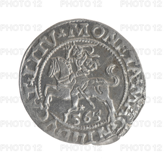 Lithuanian half-grosz, Sigismund II Augustus (King of Poland; 1544–1572). Obverse: Polish eagle; in the rim between pearl-shaped borders an inscription: .SIGIS.AVG.DGREX.POLO.MDL. Reverse: Lithuanian Pogon, below the year 1565; in the rim between pearl-shaped borders an inscription divided by the Axe coat of arms: .MONETA.MAGNI -, AT.LITV. Date: 1565. Maker/issuer: Grand Duchy of Lithuania (Vilnius), Poland. Attributions: Tarlo, Gabriel (ca. 1486–1565); Jagiellons (dynasty); emblems: eagle, Pogon. Coin; diameter 19.4–20.7 mm; weight 1.1 g.