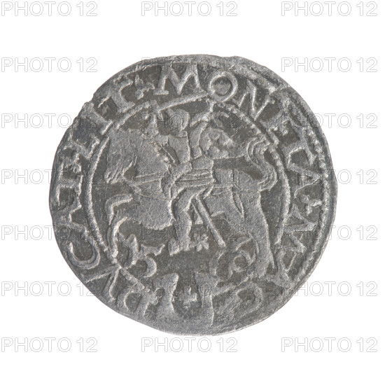 Lithuanian half-grosz, Sigismund II Augustus (King of Poland; 1544–1572); issuer: Stanislaw Myszkowski (?-1570). Obverse: Polish eagle; rim inscription between beaded borders: .SIGIS.AVG.DGREX.POLO.MDL. Reverse: Lithuanian Pogon; below, date 15-66; rim inscription divided by the Jastrzebiec coat of arms: .MONETA.MAG.-DVCAT.LIT. Dated 1566. Material: coin; Grand Duchy of Lithuania (Tykocin, Poland). Diameter: 19.0–19.4 mm; weight: 1.07 g.