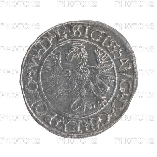 Lithuanian half-grosz, Sigismund II Augustus (King of Poland; 1544–1572); maker: Stanislaw Myszkowski (?-1570); emblems of the Jagiellon dynasty; Polish coin featuring eagles and the Lithuanian Pogon emblem. Obverse: Polish Eagle, rim inscription between pearl-shaped borders: .SIGIS.AVG.DGREX.POLO.MDL. Reverse: Lithuanian Pogon, below year 15–66, rim inscription between pearl-shaped borders divided by the Jastrzebiec coat of arms: .MONETA.MAG - DVCAT.LIT, 1566. Grand Duchy of Lithuania, Tykocin. Coin; diameter 19.0–20.0 mm; weight 1.22 g.