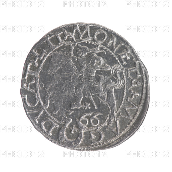 Lithuanian half-grosz, Sigismund II Augustus (King of Poland; 1544–1572). Obverse: Polish eagle, rim inscription .SIGIS.AVG.DGREX.POLO.MDL. Reverse: Lithuanian Pogon, below year 15-66, rim inscription divided by Jastrzebiec coat of arms: .MONETA.MAG - DVCAT.LIT. Maker: Stanislaw Myszkowski (?-1570). Date: 1566. Grand Duchy of Lithuania, Tykocin. Coin; diameter ~19–20 mm; weight 1.22 g. Emblems: Jagiellon dynasty, eagles, Pogon.