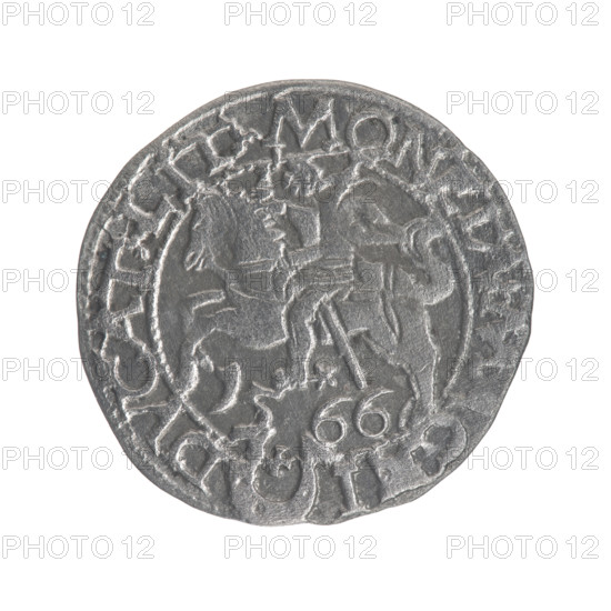 Lithuanian half-grosz, Sigismund II Augustus (King of Poland; 1544–1572). Obverse: Polish eagle; rim inscription between pearl-shaped borders: .SIGIS.AVG.DGREX.POLO.MDL. Reverse: Lithuanian Pogon; below, date 15–66; rim inscription between pearl-shaped borders divided by the Jastrzebiec coat of arms: .MON, A.MAG, I - DVCAT.LIT, 1566. Maker: Myszkowski, Stanislaw (?-1570). Emblems: Jagiellons (dynasty), eagles, Pogon. Function: coin (half-grosz). Place: Grand Duchy of Lithuania, Tykocin, Poland. Materials/measurements: diameter 19.0–20.3 mm, weight 1.1 g.