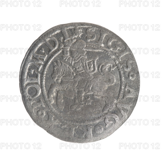 Lithuanian half-grosz, Sigismund II Augustus (King of Poland; 1544–1572). Obverse: Lithuanian Pogon; in the rim between pearly borders the inscription: .SIGIS.AVG., X.POL.MDL. Reverse: Polish Eagle; in the rim between pearly borders the inscription: .MONETA.MAG.DVC.LITVA. Date: 1545–1566. Grand Duchy of Lithuania, Vilnius. Coin; dia. 19.0–19.3 mm, weight 1.12 g. Coats of arms: Jagiellons (dynasty), eagles, Pogon.