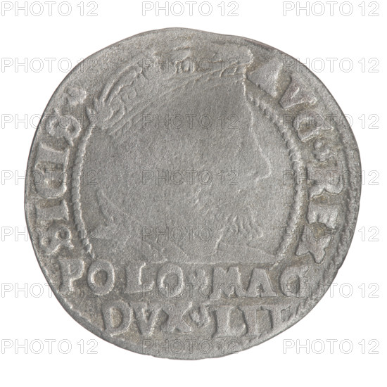 Lithuanian grosz on a Polish foot, Sigismund II Augustus (King of Poland; 1544–1572), Jagiellonians (dynasty); coats of arms; Polish coin. Obverse: Crowned male bust in armour turned right, separating an inscription in a half-circle at the top: SIGIS. - AVG.REX; at the bottom horizontally in two lines: POLO.MAG / DVX.LIT. Reverse: Lithuanian Chase facing left; below, under the crown, a tied monogram composed of the letters SA and the Columns' coat of arms, which divide the rim inscription: MO. MAG. DVC. LITVA. Date: 1546. Grand Duchy of Lithuania, Vilnius. Coin; diameters 22.2–22.8 mm; weight 1.8 g.