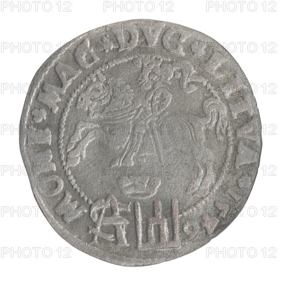 Lithuanian grosz on a Polish foot, Sigismund II Augustus (King of Poland; 1544–1572), Jagiellonians (dynasty), coats of arms, Polish coin. Obverse: crowned royal bust in armour turned right, separating an inscription in a half-circle at the top: SIGIS. - AVG.REX; at the bottom horizontally in two lines: POLO.MAG / DVX.LIT. Reverse: Lithuanian Chase (Pogon) facing left; below, under the crown, a tied monogram composed of the letters SA and the Columns of Gediminas (Coat of arms of Lithuania), which divide the rim inscription: MO. MAG. DVC. LITVA. 1546. Dated 1546. Grand Duchy of Lithuania, Vilnius. Coin; diameter ~22.2–22.8 mm; weight ~1.8 g.