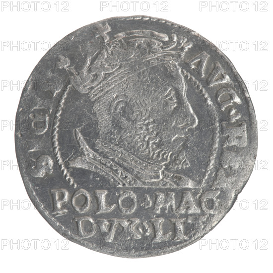 Lithuanian grosz on a Polish foot, Sigismund II Augustus (King of Poland; 1544–1572). Obverse: crowned male bust in armour turned right, separating the inscription in a half-circle at the top: S, G, . - AVG.R, at the bottom horizontally in two lines: POLO.MAG / DVX.LIT. Reverse: Lithuanian chase (Pogon) facing left; below, under the crown, a tied monogram composed of the letters SA and the Columns of Gediminas coat of arms, which divide the inscription on the rim: MO, .MAG.DVC.LI. Date: 1546. Grand Duchy of Lithuania, Vilnius, Poland. Coin; diameter ~22.7–23.0 mm; weight 1.7 g.