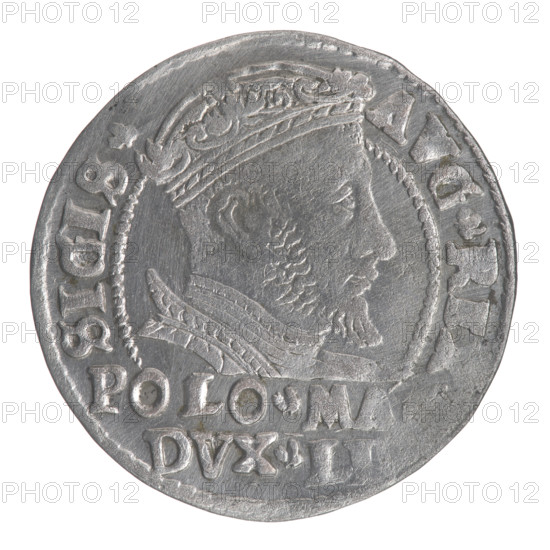 Lithuanian grosz on a Polish foot, Sigismund II Augustus (King of Poland; 1544–1572), Jagiellon dynasty. Obverse: crowned male bust in armour turned right, separating an inscription in a half-circle at the top: SIGIS. - AVG.R, at the bottom horizontally in two lines: .POLO.M, /.DVX.L. Reverse: Lithuanian chaser (Pogon) facing left; below, under the crown, a tied monogram composed of the letters SA and the Columns of Gediminas (coat of arms of Lithuania), which divide the inscription on the rim: ONE.MAG.DVC.LITVA.1546. Dated 1546. Grand Duchy of Lithuania, Vilnius. Coin; diameter ~22.5–23.0 mm; weight 1.91 g.
