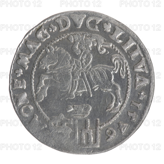 Lithuanian grosz on a Polish foot, Sigismund II Augustus (King of Poland; 1544–1572), Jagiellon dynasty; obverse: crowned male bust in armour turned right, separating an inscription in a half-circle at the top: SIGIS. - AVG.R, at the bottom horizontally in two lines: .POLO.M, /.DVX.L; reverse: Lithuanian chaser facing left, below under the crown a tied monogram composed of the letters SA and the Columns of Gediminas coat of arms, which divide the inscription in the rim: ONE.MAG.DVC.LITVA.1546; dated 1546; Grand Duchy of Lithuania, Vilnius; coin; diameter ca. 22.5–23.0 mm; weight 1.91 g.