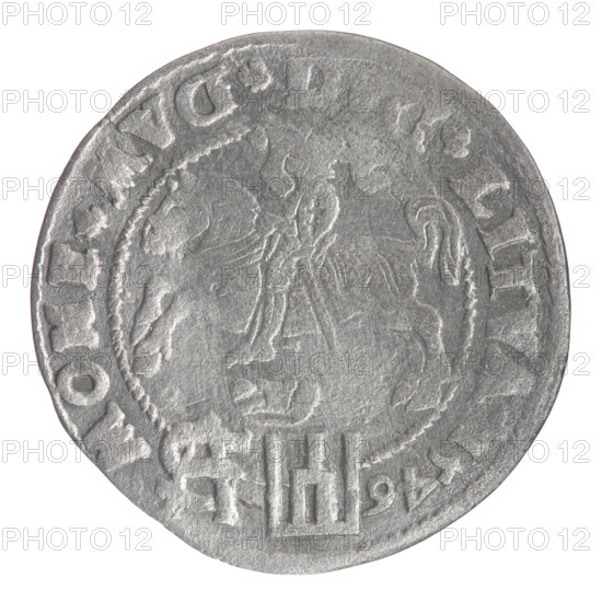 Lithuanian grosz on a Polish foot, Sigismund II Augustus (King of Poland; 1544–1572), Jagiellonian dynasty, coats of arms, Polish coin. Obverse: crowned male bust in armour turned right, separating an inscription in a half-circle at the top: .SIGIS. - AVG.REX.; at the bottom horizontally in two lines: POLO.MAG / DVX.LIT. Reverse: Lithuanian Chase (Pogon) turned left; below, under the crown, a tied monogram composed of the letters SA and the Columns of Gediminas coat of arms, which divide the rim inscription: MO. MVG. C.LIT. 1546. Date: 1546. Grand Duchy of Lithuania, Vilnius. Coin, diameter ~22.8–23.2 mm, weight 1.76 g.