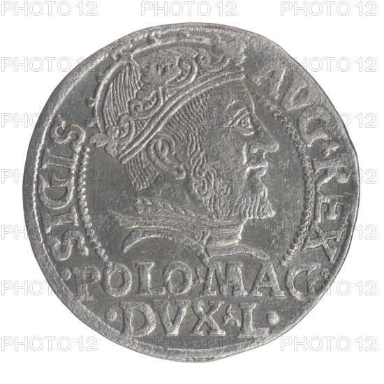 Lithuanian grosz on a Polish foot, Sigismund II Augustus (King of Poland; 1544–1572), Jagiellon dynasty, Polish coins, coats of arms, royal bust, Pogon (coat of arms; Lithuania), male busts, Sigismund II Augustus (King of Poland; 1520–1572) - iconography, tied monogram (type), monograms, Columns of Gediminas (coat of arms of Lithuania), monogram SA. Obverse: Crowned male bust in armor turned right, separating at the top an inscription in a half-circle: SIGIS - AVG.REX; at the bottom horizontally in two lines: .POLO.MAG./.DVX.L. Reverse: Lithuanian Pogon turned left, below a crown dividing the date 15 - 46, a tied monogram composed of the letters SA and the Columns coat of arms, which divide the inscription in the rim: MONETA.MAGNI.DVC.LITVA. Date: 1546. Grand Duchy of Lithuania (Vilnius). Coin. Diameter ~22.5–22.7 mm. Weight 1.92 g.