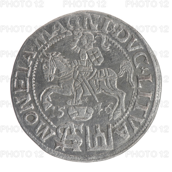 Lithuanian grosz on a Polish foot, Sigismund II Augustus (King of Poland; 1544–1572), Jagiellon dynasty. Polish coin. Obverse: Crowned male bust in armor turned right, inscription in a half-circle: SIGIS - AVG.REX; at bottom in two lines: .POLO.MAG./.DVX.L. Reverse: Lithuanian Pogon (mounted knight) turned left, below a crown dividing the date 15 - 46, a tied monogram composed of the letters SA and the Columns of Gediminas coat of arms, with rim inscription: MONETA.MAGNI.DVC.LITVA. Date: 1546. Grand Duchy of Lithuania (Vilnius). Coin; diameter ~22.5–22.7 mm; weight 1.92 g.