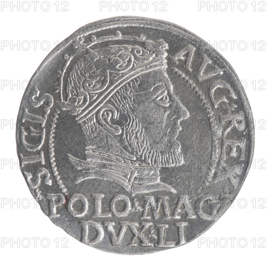 Lithuanian grosz on a Polish foot, Sigismund II Augustus (King of Poland; 1544–1572), Jagiellon dynasty; emblems; Polish coins; Pogon (coat of arms; Lithuania); royal bust; Sigismund II Augustus (King of Poland; 1520–1572) — iconography; male busts; Columns of Gediminas (coat of arms of Lithuania); monograms; tied monogram (type); monogram SA. Obv.: Crowned male bust in armor turned right, separating at the top an inscription in a half-circle: SIGIS-AVG.REX; at the bottom horizontally in two lines: .POLO.MAG./.DVX.LI. Rev.: Lithuanian Pogon turned left, below a crown dividing the date 15-46, a monogram consisting of the letters SA and the coat of arms of the Columns, which divide the inscription in the rim: MONETA.MAGNI.DVC.LITVA. Date: 1546. Grand Duchy of Lithuania, Vilnius, Poland. Coin; diameter 22.5–22.7 mm; weight 1.88 g.