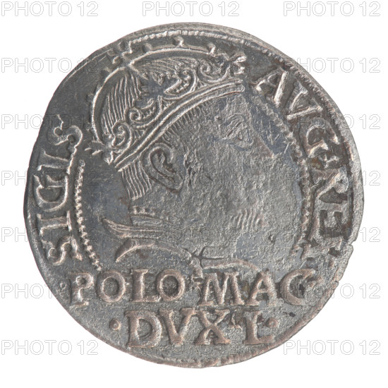 Lithuanian grosz on a Polish foot, Sigismund II Augustus (King of Poland; 1544–1572), Jagiellon dynasty; emblems; Pogon (coat of arms; Lithuania); Columns of Gediminas (coat of arms of Lithuania); royal bust (iconographic); monograms, tied monogram (type), monogram SA. Obv.: Crowned male bust in armor turned right, with inscription in a half-circle: SIGIS - AVG.REX; at bottom in two lines: .POLO.MAG./.DVX.L. Rev.: Lithuanian Pogon turned left, below a crown dividing the date 15 - 46; a tied monogram composed of the letters SA and the Columns coat of arms, which divide the rim inscription: MONETA.MAGNI.DVC.LITVA. Date: 1546. Place: Grand Duchy of Lithuania (Vilnius), Poland. Coin; diameter 22.2–23.0 mm; weight 1.83 g.
