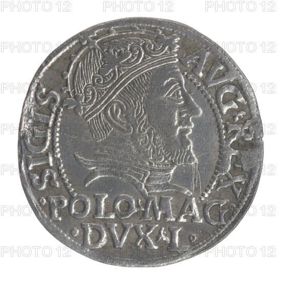Lithuanian grosz on a Polish foot, Sigismund II Augustus (King of Poland; 1544–1572). Polish coin (1546). Obverse: Crowned male bust in armor turned right with half-circle inscription SIGIS-AVG.REX; below, horizontally in two lines .POLO.MAG./.DVX.L. Reverse: Lithuanian Pogon (coat of arms) turned left, below a crown dividing the date 15-46; monogram of the letters SA and the Columns of Gediminas (coat of arms of Lithuania) dividing the rim inscription MONETA.MAGNI.DVC.LITVA. Tied monogram type; SA monogram; monograms; iconography: royal bust, coats of arms. Grand Duchy of Lithuania, Poland; Vilnius. Coin, diameter ~22.3–23.0 mm, weight 1.8 g.