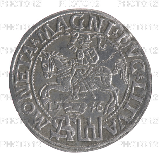 Lithuanian grosz on a Polish foot, Sigismund II Augustus (King of Poland; 1544–1572). Polish coin (1546), Grand Duchy of Lithuania — obverse: crowned male bust in armor turned right with inscription SIGIS-AVG.REX above and .POLO.MAG./.DVX.L. below; reverse: Lithuanian Pogon (mounted knight) turned left, crown above dividing date 15-46, monogram of letters SA and Columns of Gediminas coat of arms, rim inscription MONETA.MAGNI.DVC.LITVA. Tied SA monogram; monograms; coats of arms; royal bust; iconography. Diameter ~22.3–23.0 mm; weight ~1.8 g.