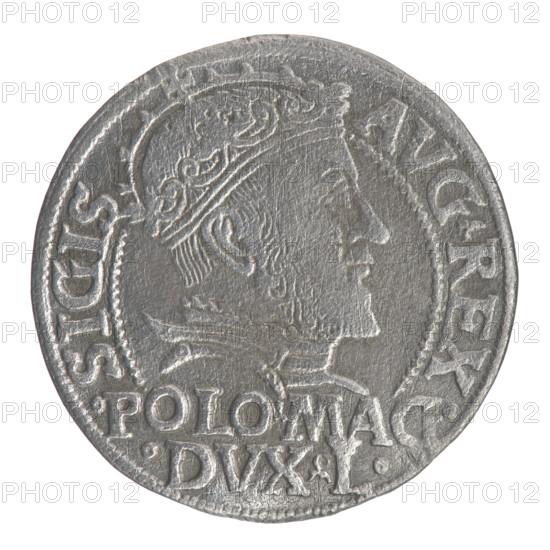 Lithuanian grosz on a Polish foot, Sigismund II Augustus (King of Poland; 1544–1572), Jagiellon dynasty; emblems; royal bust; Polish coins; Pogon (coat of arms; Lithuania); Sigismund II Augustus (1520–1572) — iconography; male busts; monograms; Columns of Gediminas (coat of arms of Lithuania); tied monogram (type), monogram SA. Obv.: Crowned male bust in armor turned right, separating at the top an inscription in a half-circle: SIGIS-AVG.REX; at the bottom horizontally in two lines: .POLO.MAG./.DVX.L. Rev.: Lithuanian Pogon turned left, below a crown dividing the date 15-46; a tied monogram composed of the letters SA and the coat of arms of the Columns, which divide the inscription in the rim: MONETA.MAGNI.DVC.LITVA. Date: 1546. Grand Duchy of Lithuania, Vilnius, Poland. Coin; diameter ~22.8–23.0 mm; weight 1.84 g.