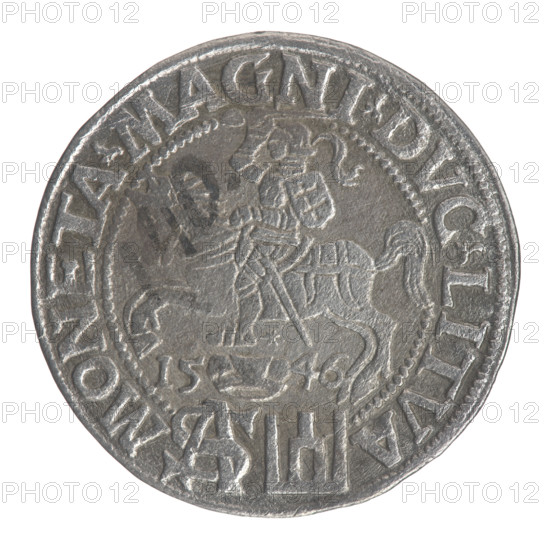 Lithuanian grosz on a Polish foot, Sigismund II Augustus (King of Poland; 1544–1572), Jagiellon dynasty; emblems; royal bust; Polish coin; Pogon (coat of arms; Lithuania); Sigismund II Augustus (King of Poland; 1520–1572) — iconography; male bust; monogram; Columns of Gediminas (coat of arms of Lithuania); tied monogram (type), monogram SA. Obv.: Crowned male bust in armor turned right, separating at the top an inscription in a half-circle: SIGIS·AVG·REX; at the bottom horizontally in two lines: ·POLO·MAG·/·DVX·L·. Rev.: Lithuanian Pogon turned left, below a crown dividing the date 15–46, a tied monogram composed of the letters SA and the Columns coat of arms, which divide the rim inscription: MONETA·MAGNI·DVC·LITVA. 1546. Grand Duchy of Lithuania, Vilnius, Poland. Coin; diameter 22.8–23.0 mm; weight 1.84 g.