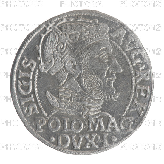 Lithuanian grosz on a Polish foot, Sigismund II Augustus (King of Poland; 1544–1572), Jagiellon dynasty. Obverse: Crowned male bust in armor turned right, inscription in a half-circle: SIGIS-AVG.REX, and at the bottom in two lines: .POLO.MAG./.DVX.L. Reverse: Lithuanian Pogon turned left, below a crown dividing the date 15–47, a tied SA monogram and the Columns of Gediminas coat of arms dividing the rim inscription: MONETA.MAGNI.DVCA.LITVA. 1547. Grand Duchy of Lithuania. Coin; diameter ~22.4–22.8 mm; weight 1.95 g.