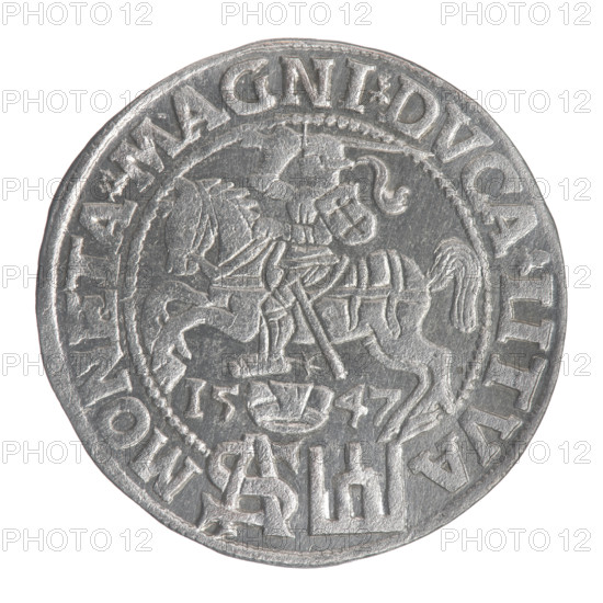 Lithuanian grosz on a Polish foot, Sigismund II Augustus (King of Poland; 1544–1572), Jagiellon dynasty; emblems; royal bust; Polish coins; Pogon (coat of arms; Lithuania); Sigismund II Augustus (King of Poland; 1520–1572) — iconography; male busts; monograms; tied monogram (type); SA monogram; Columns of Gediminas (coat of arms of Lithuania). Obverse: Crowned male bust in armor turned right, inscription in a half-circle: SIGIS - AVG.REX; lower horizontal two-line legend: .POLO.MAG./.DVX.L. Reverse: Lithuanian Pogon turned left, below a crown dividing the date 15 - 47, a tied monogram composed of the letters SA and the Columns coat of arms, which divide the rim inscription: MONETA.MAGNI.DVCA.LITVA. Date: 1547. Grand Duchy of Lithuania, Vilnius. Coin; diameter 22.4–22.8 mm; weight 1.95 g.