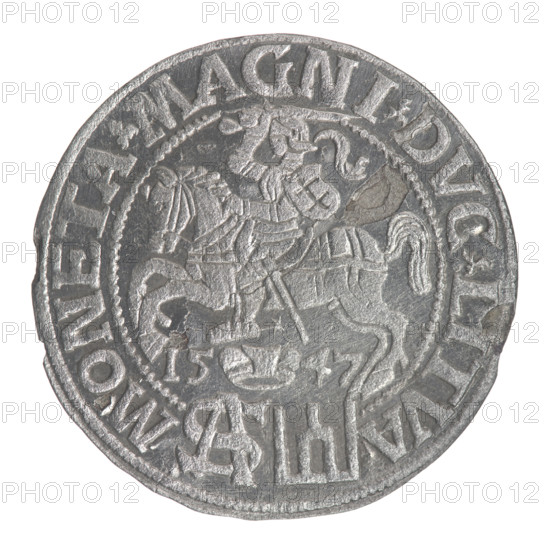 Lithuanian grosz on a Polish foot, Sigismund II Augustus (King of Poland; 1544–1572), Jagiellon dynasty; emblems; royal bust; Polish coins; Pogon (coat of arms, Lithuania); Sigismund II Augustus (King of Poland; 1520–1572) — iconography; male busts; monograms; Columns of Gediminas (coat of arms of Lithuania); tied monogram (type); monogram SA. Obv.: Crowned male bust in armor turned right, separating at the top an inscription in a half-circle: SIGIS-AVG.REX; at the bottom horizontally in two lines: .POLO.MAG/.DVX.L. Rev.: Lithuanian Pogon turned left, below a crown dividing the date 15-47, a monogram consisting of the letters SA and the Columns coat of arms, which divide the inscription in the rim: MONETA.MAGNI.DVC.LITVA. Date: 1547. Grand Duchy of Lithuania (Vilnius). Coin; diameter 22.7–23.0 mm; weight 1.73 g.