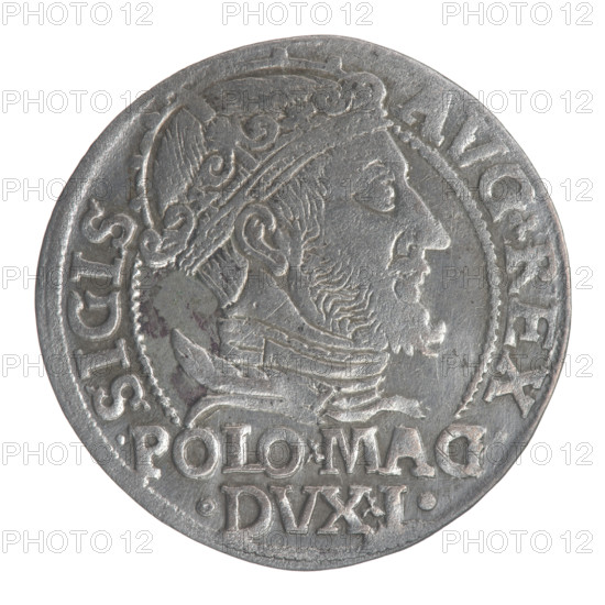 Lithuanian grosz on a Polish foot, Sigismund II Augustus (King of Poland; 1544–1572), Jagiellon dynasty; emblems, royal bust; Pogon (coat of arms; Lithuania); Sigismund II Augustus — iconography; male busts; monograms; Columns of Gediminas (coat of arms of Lithuania); tied monogram (type), monogram SA. Obv.: Crowned male bust in armor turned right, inscription in a half-circle: SIGIS-AVG.REX; at bottom in two lines: .POLO.MAG/.DVX.L. Rev.: Lithuanian Pogon turned left, below a crown dividing the date 15-47, a monogram of the letters SA and the Columns coat of arms, which divide the rim inscription: MONETA.MAGNI.DVCA.LITVA. Date: 1547. Grand Duchy of Lithuania, Vilnius. Coin, diameter 22.4–22.8 mm, weight 1.94 g.