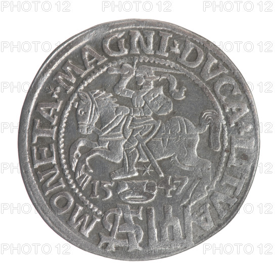 Lithuanian grosz on a Polish foot, Sigismund II Augustus (King of Poland; 1544–1572), Jagiellon dynasty; emblems; royal bust; Polish coins; Pogon (coat of arms, Lithuania); Sigismund II Augustus — iconography; male busts; monograms; Columns of Gediminas (coat of arms of Lithuania); tied monogram (type), monogram SA. Obverse: Crowned male bust in armor turned right, inscription in a half-circle: SIGIS•AVG•REX; at bottom in two lines: POLO•MAG / DVX•L. Reverse: Lithuanian Pogon turned left, below a crown dividing the date 15–47, a monogram of the letters SA and the Columns coat of arms, which divide the rim inscription: MONETA•MAGNI•DVCA•LITVA. Date: 1547. Grand Duchy of Lithuania (Vilnius), Poland. Coin. Diameter ~22.4–22.8 mm; weight 1.94 g.