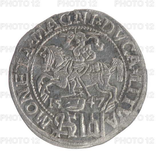 Lithuanian grosz on a Polish foot, Sigismund II Augustus (King of Poland; 1544–1572), Jagiellon dynasty; coats of arms; Polish coin. Obverse: Crowned male bust in armor turned right, separating an upper half-circle inscription SIGIS·AVG·REX and a lower two-line horizontal inscription ·POLO·MAG/ VX·L. Reverse: Lithuanian Pogon (mounted knight) turned left; below, under the crown, the date split 15 - 47; a tied monogram of the letters SA and the Columns of Gediminas dividing the rim inscription MONETA·MAGNI·DVCA·LITVA. 1547. Grand Duchy of Lithuania (Vilnius). Coin diameter ~22.3–23.0 mm; weight 1.82 g.