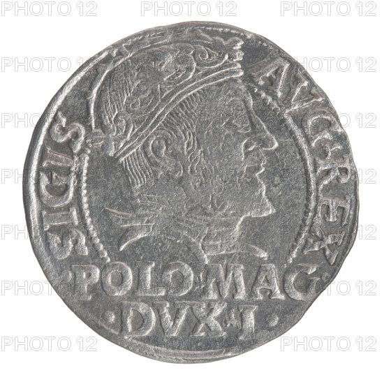 Lithuanian grosz on a Polish foot, Sigismund II Augustus (King of Poland; 1544–1572); Polish coins; Jagiellon dynasty; emblems: Pogon (coat of arms of Lithuania), Columns of Gediminas; male royal bust; monograms, tied monogram SA. Obverse: Crowned male bust in armor turned right, inscription in half-circle SIGIS-AVG.REX, lower in two lines .POLO.MAG./.DVX.L. Reverse: Lithuanian Pogon turned left, below a crown dividing the date 15-47, monogram SA and Columns of Gediminas dividing rim inscription MONETA.MAGNI.DVC.LITVA. Date: 1547. Place: Vilnius, Grand Duchy of Lithuania, Poland. Coin; diameter ~22.1–23.0 mm; weight 1.88 g.