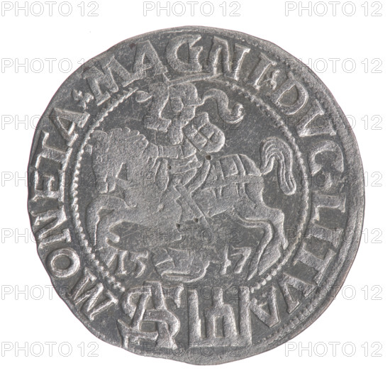 Lithuanian grosz on a Polish foot, Sigismund II Augustus (King of Poland; 1544–1572). Polish coin, Jagiellon dynasty. Obv.: Crowned male bust in armor turned right, half-circle inscription SIGIS-AVG.REX; lower two-line legend POLO.MAG / DVX.L. Rev.: Lithuanian Pogon (mounted knight) turned left, below a crown dividing the date 15-47, monogram SA and Columns of Gediminas coat of arms; rim inscription MONETA.MAGNI.DVC.LITVA. 1547. Coin of the Grand Duchy of Lithuania/Poland. Diameter ~22.1–23.0 mm; weight 1.88 g.